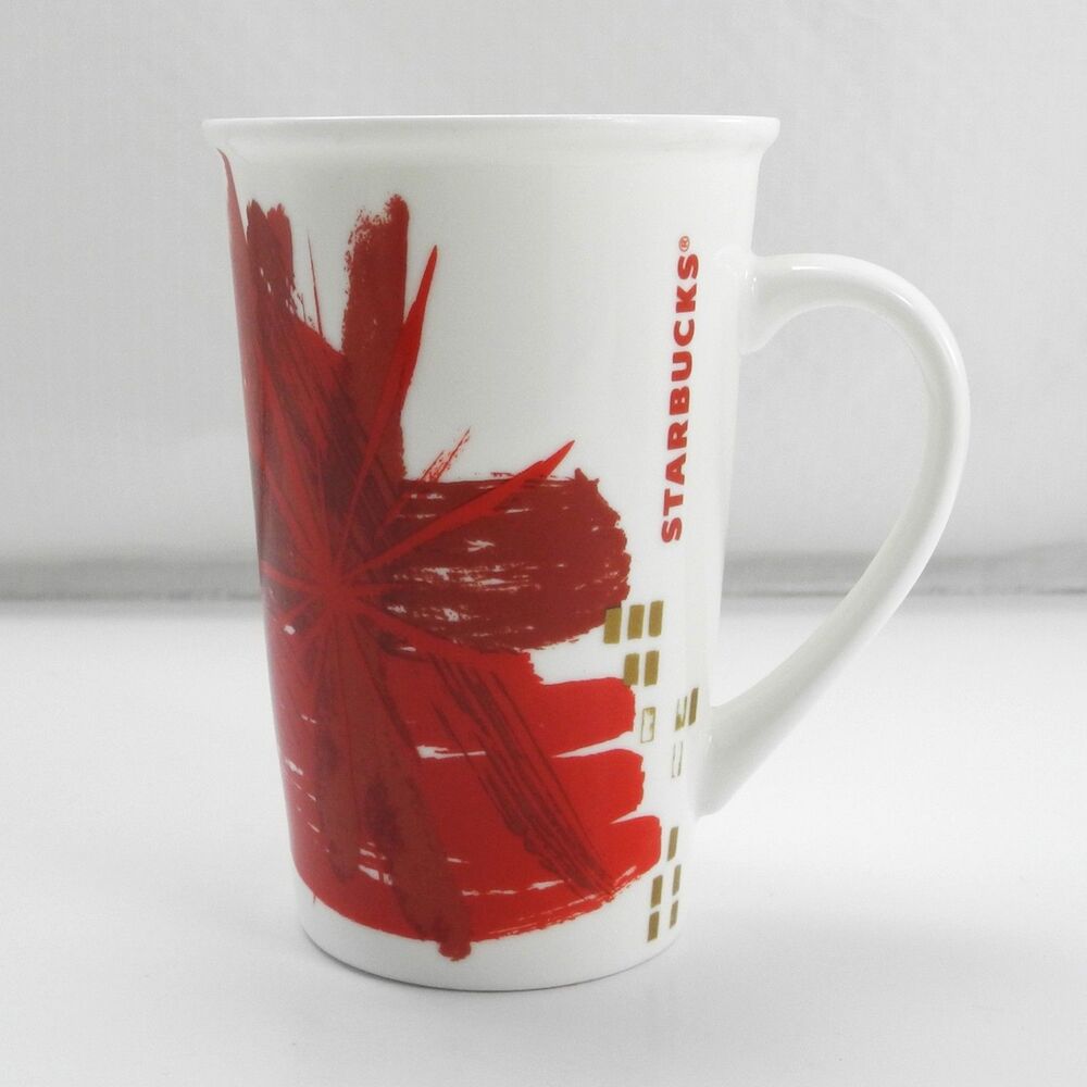 Starbucks 2014 Coffee Mug 12 oz Red Abstract Floral Gold Brushstroke Ceramic